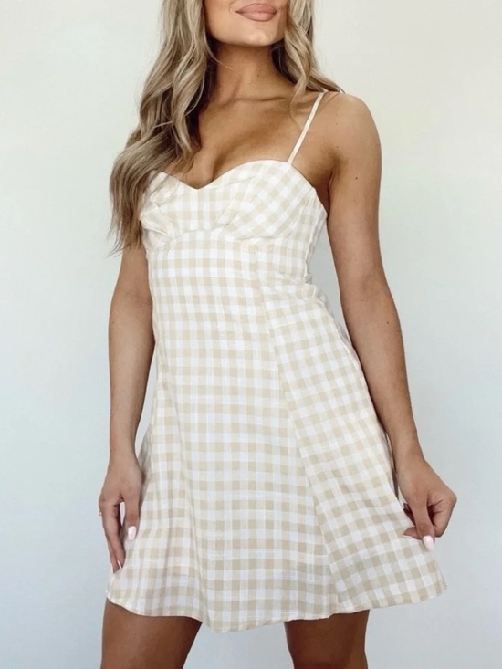 Promesa Dresses & Skirts - New Promesa Gingham Sundress in Champagne Mini Flare Dress Size Medium NWT